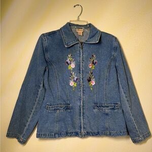 Floral Embroidered Blue Jean Jacket with Zip Front